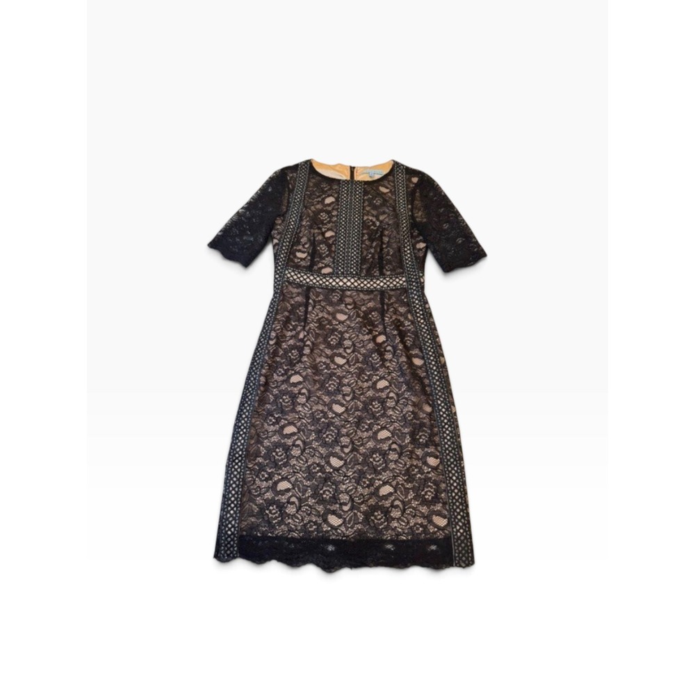 Antonio Melani‎ Black Floral Lace Sheath Dress Nude Lining Crochet Trim Size 4